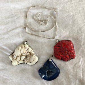 .925 sterling silver box chain necklace and three stone pendants